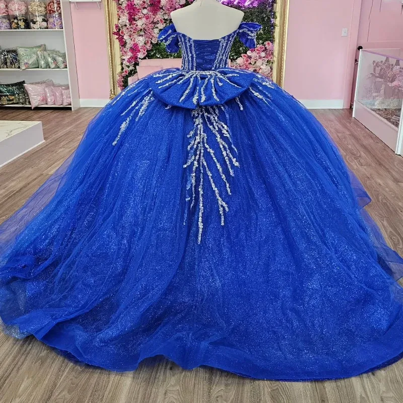 Shiny Royal Blue Off-Shoulder Quinceanera Ball Blue Ball gown Dress with Sequin Beading and Bow Tull for Party, Birthday, and Sweet 16 - Vestidos 15 Shiny Royal Blue Off-Shoulder Quinceanera Ball Blue Ball gown Dress with Sequin Beading and Bow Tull for Party, Birthday, and Sweet 16 - Vestidos 15
