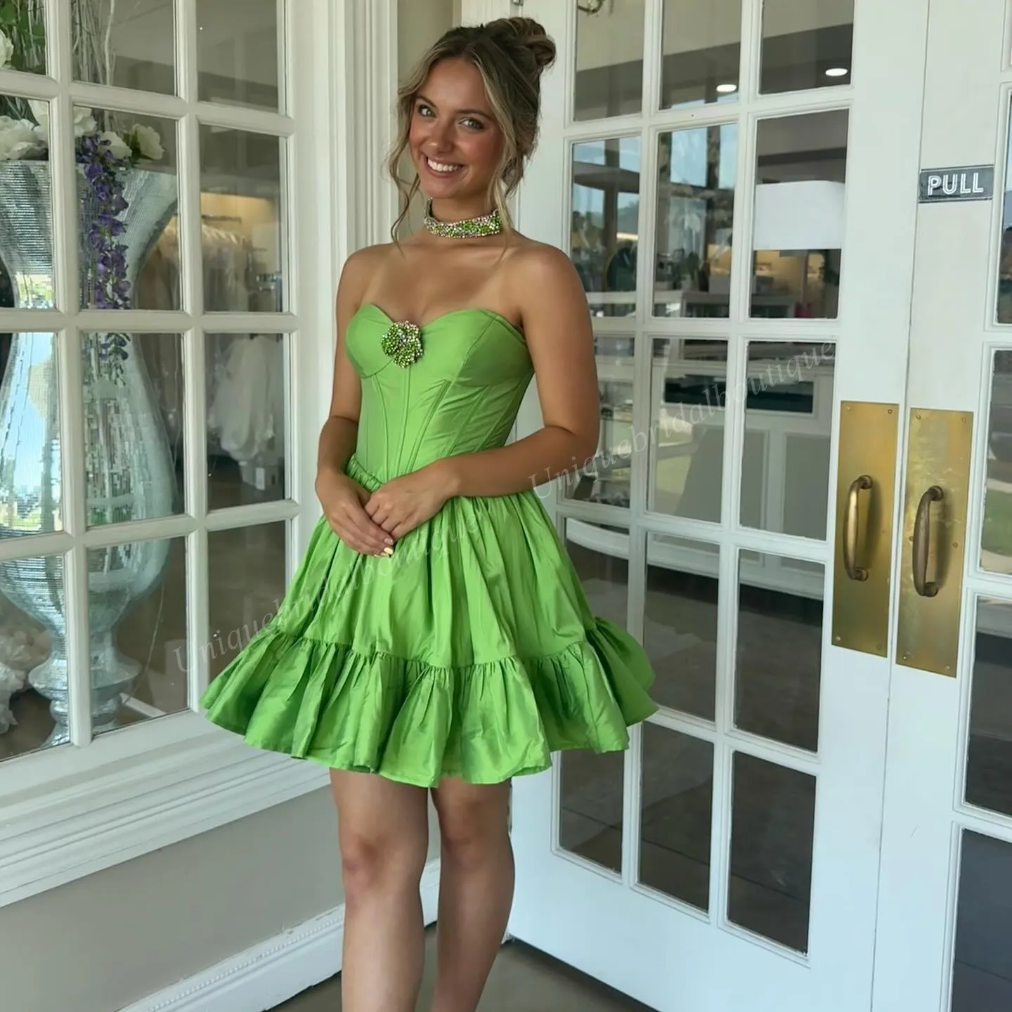 green rosette dress Dark Green Off Shoulder Three Quarter Rosette Sleeve Cocktail Dress main image 1
