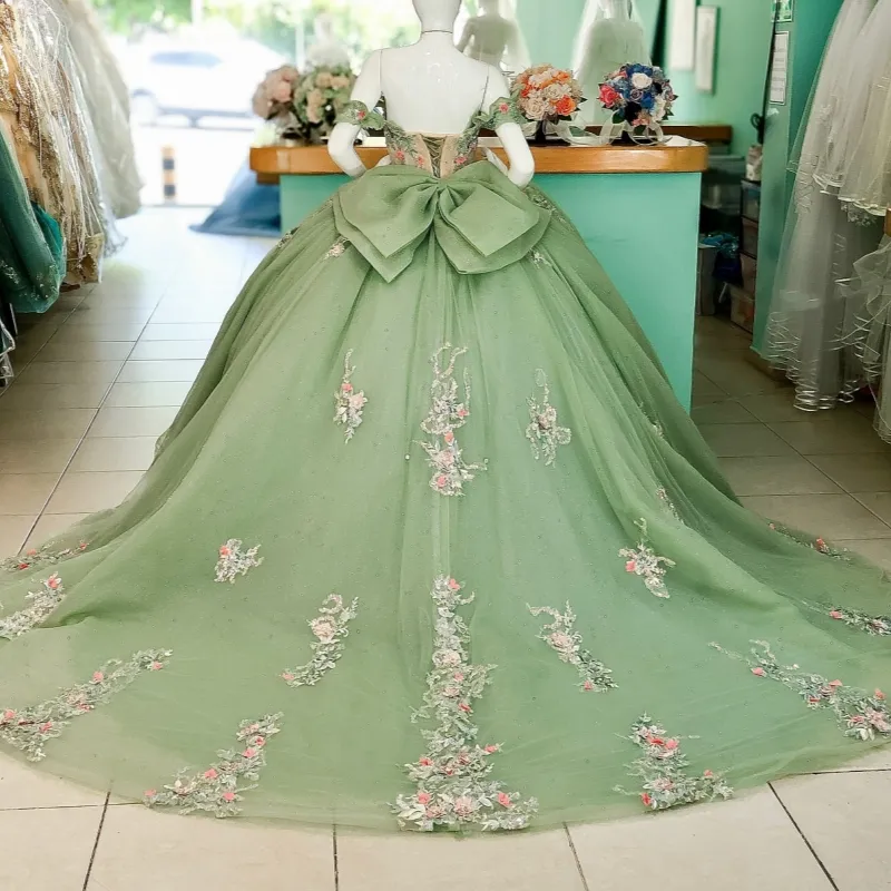 Sage Green Quinceanera Dress Off The Shoulder Ball Gown with Appliqu  Flowers Bow Beading Tulle Floor-Length Sweetheart Neckline from Dhgate  Quinceanera Dresses - price 295.88