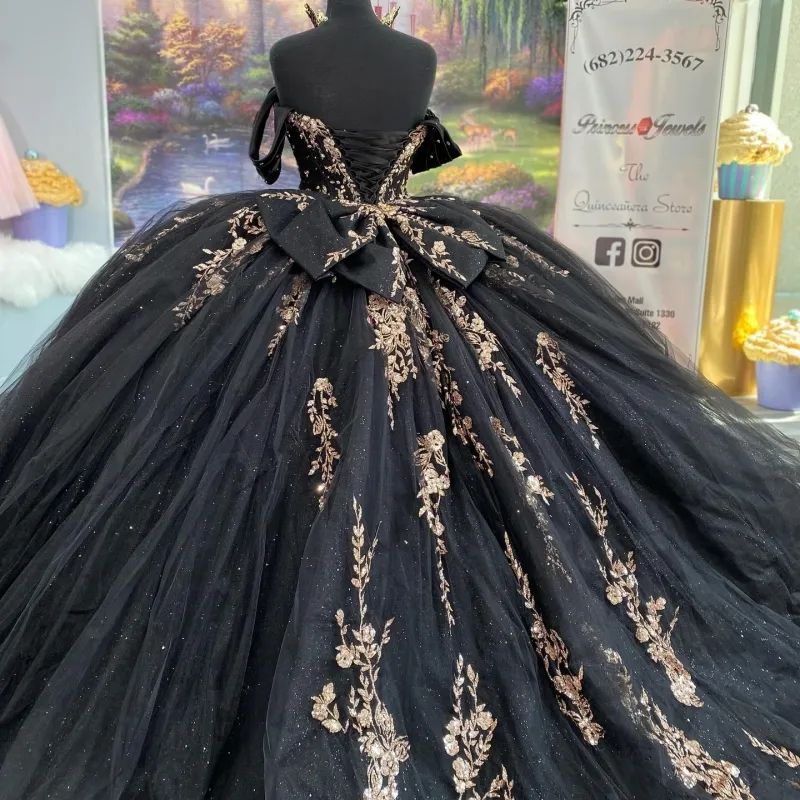 black dresses for quinceanera KissProm Ball Gown Off The Shoulder With Bowknot, Black / 6 traditional profile Shiny Black Princess Quinceanera Black
