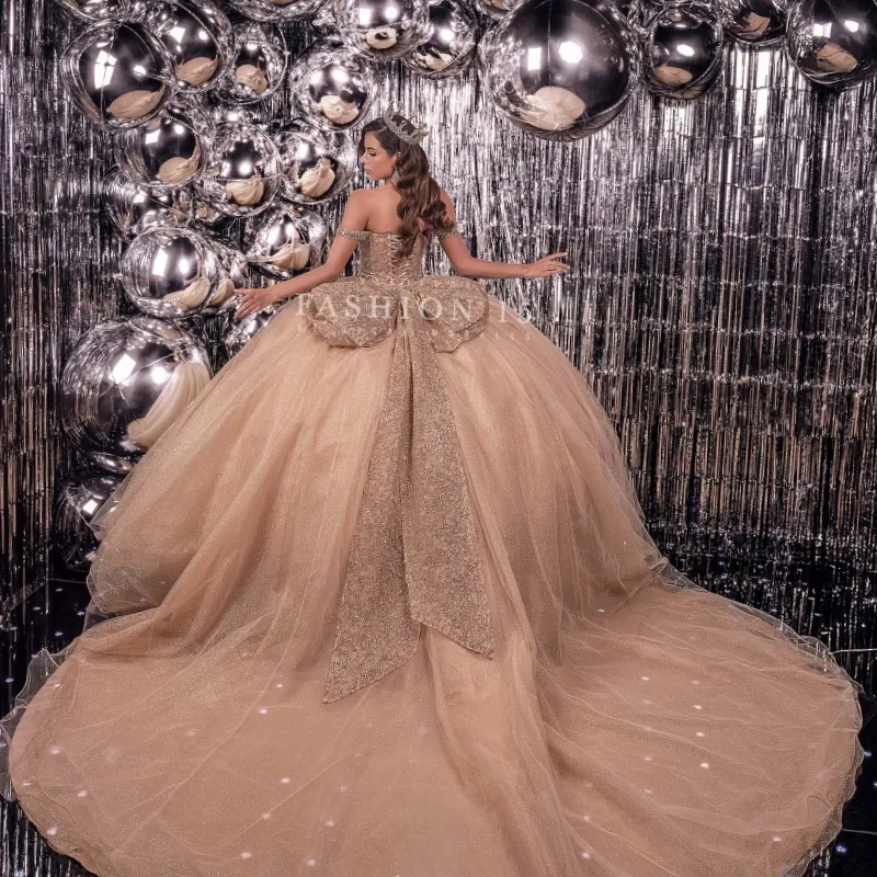 white christmas dresses Champagne Shiny Off The Shoulder Ball Gown Quinceanera Dress Appliques –  formalgowns main image 1