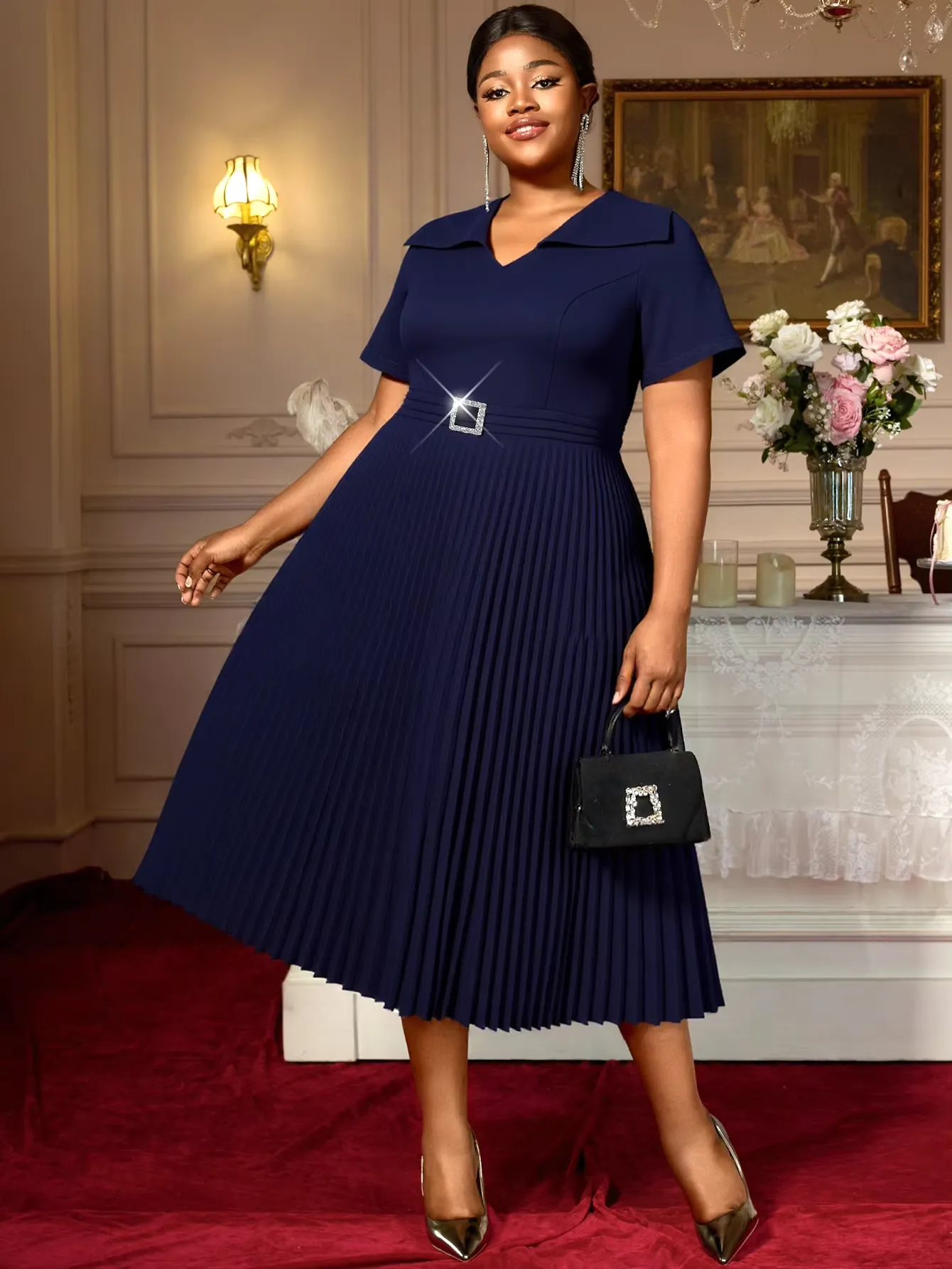 plus size midi formal dresses Women Lace Sleeve Midi Dress Sequins Floral Elegant Cocktail Dress Crew  Neck Plus Size Knee Length Bridesmaid Formal Dresses for Evening Party