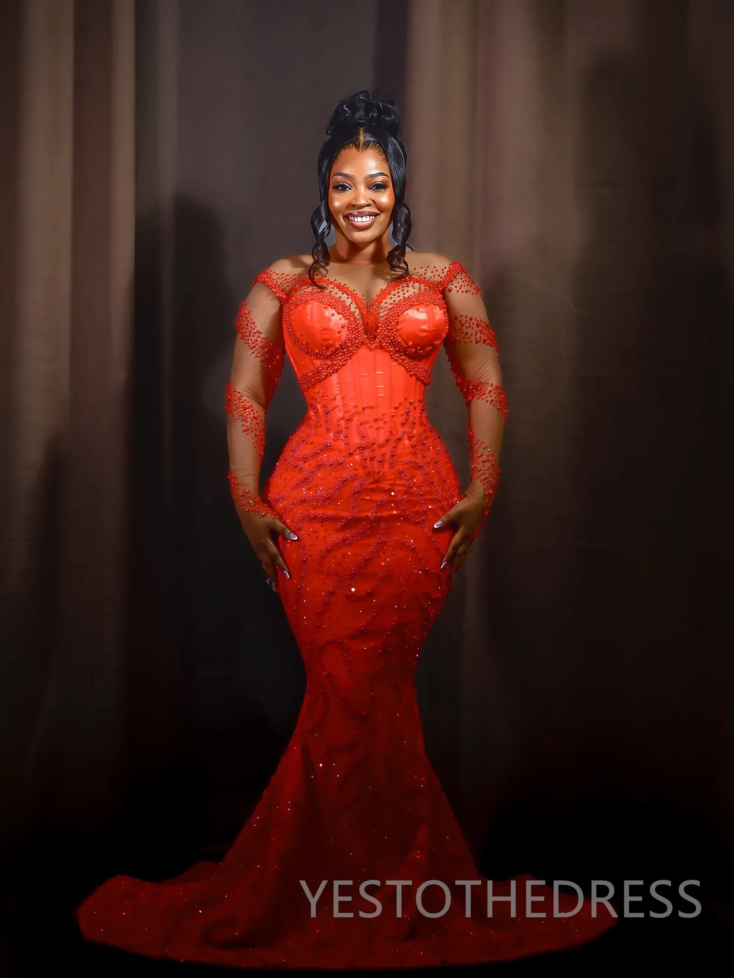 Red Beaded Lace Orange Sparkly Prom Dress with Sheer Neckline and Long Sleeves - Perfect for Special Occasions, Birthdays, and Second Reception - Aso
