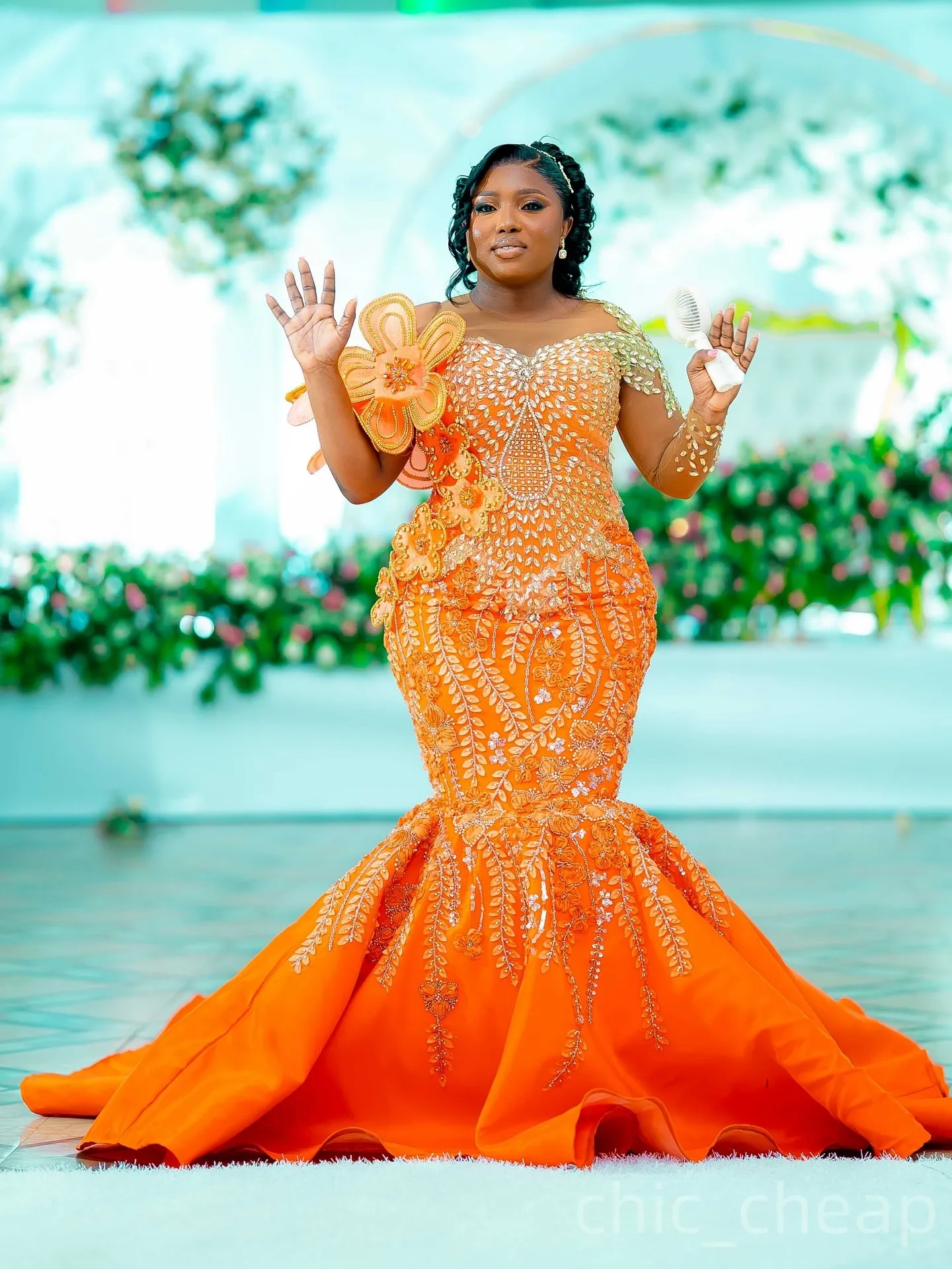 Mermaid Orange Summer Dresses Plus Size Mermaid Orange Plus Size Prom  Dresses 2025 Floral Lace Crystals