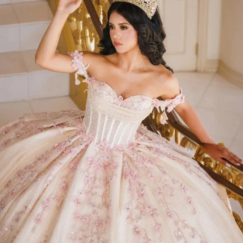 beige quinceanera dresses Shiny Off-Shoulder Beige Quinceanera Ball pink Ball gown with Applique Lace and Beads for Sweet 16, Birthday Party