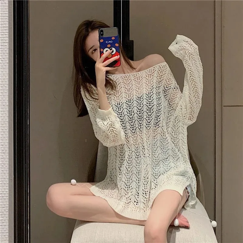 Boho Sweater Dress Acetate Pullover Long Sleeve Hollow Out Crochet with Side Slits for Summer Beachwear Boho Sweater Dress Acetate Pullover Long Sleeve Hollow Out Crochet with Side Slits for Summer Beachwear