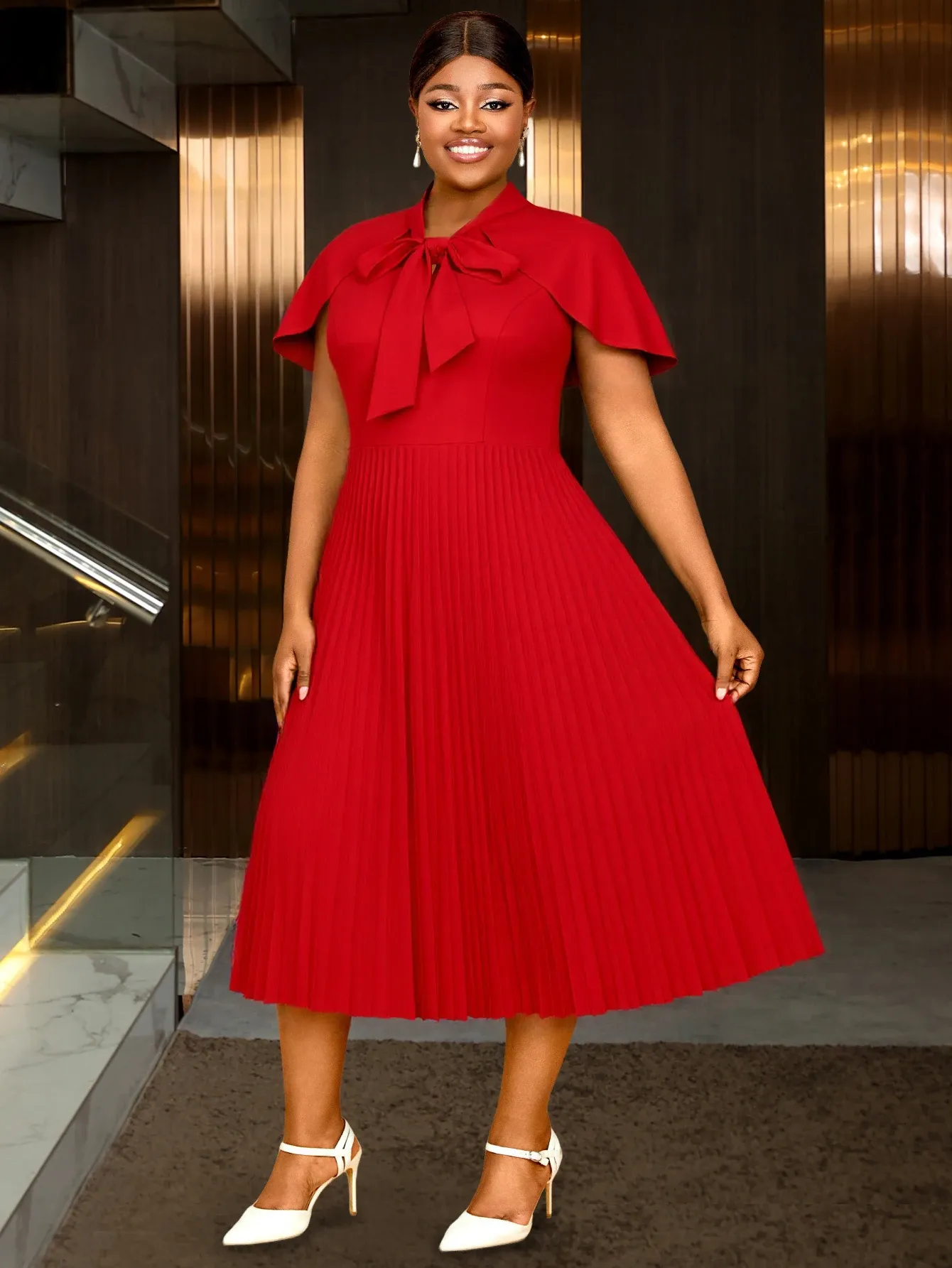 red church dress plus size Elegant Red Church Daily Bow A Line Midi Pleated Dresses for Women Cape  Sleeves Half High Collar Plus Size AM050730