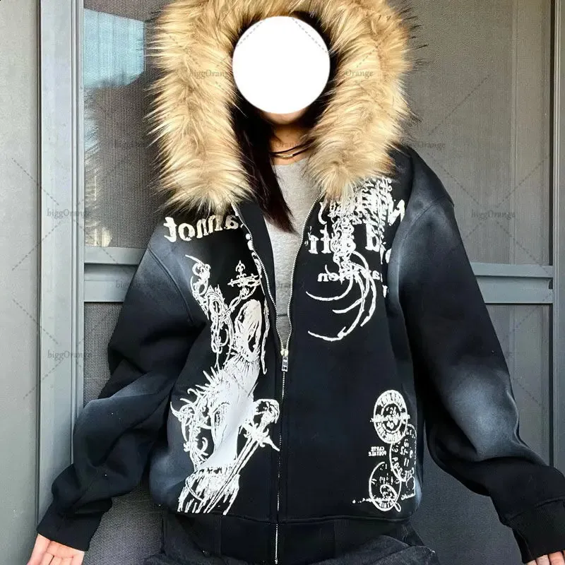 Y2K Style Knitted Hoodie Jacket with Fur Collar, Asymmetric Length