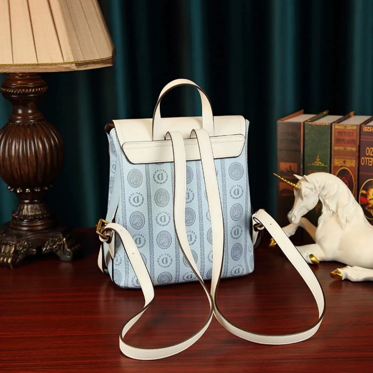 New Morandi Blue Luxury Fashion Small Leather Backpack With 