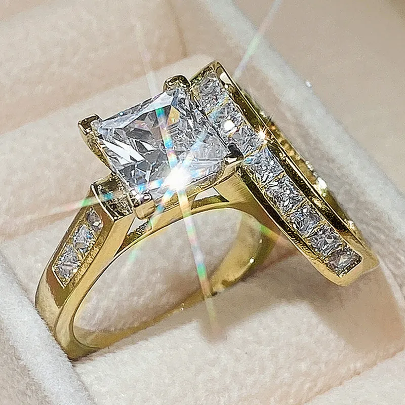 Designer 925 Sterling Silver Crystal Square Solitaire Ring Gold_voghion.com