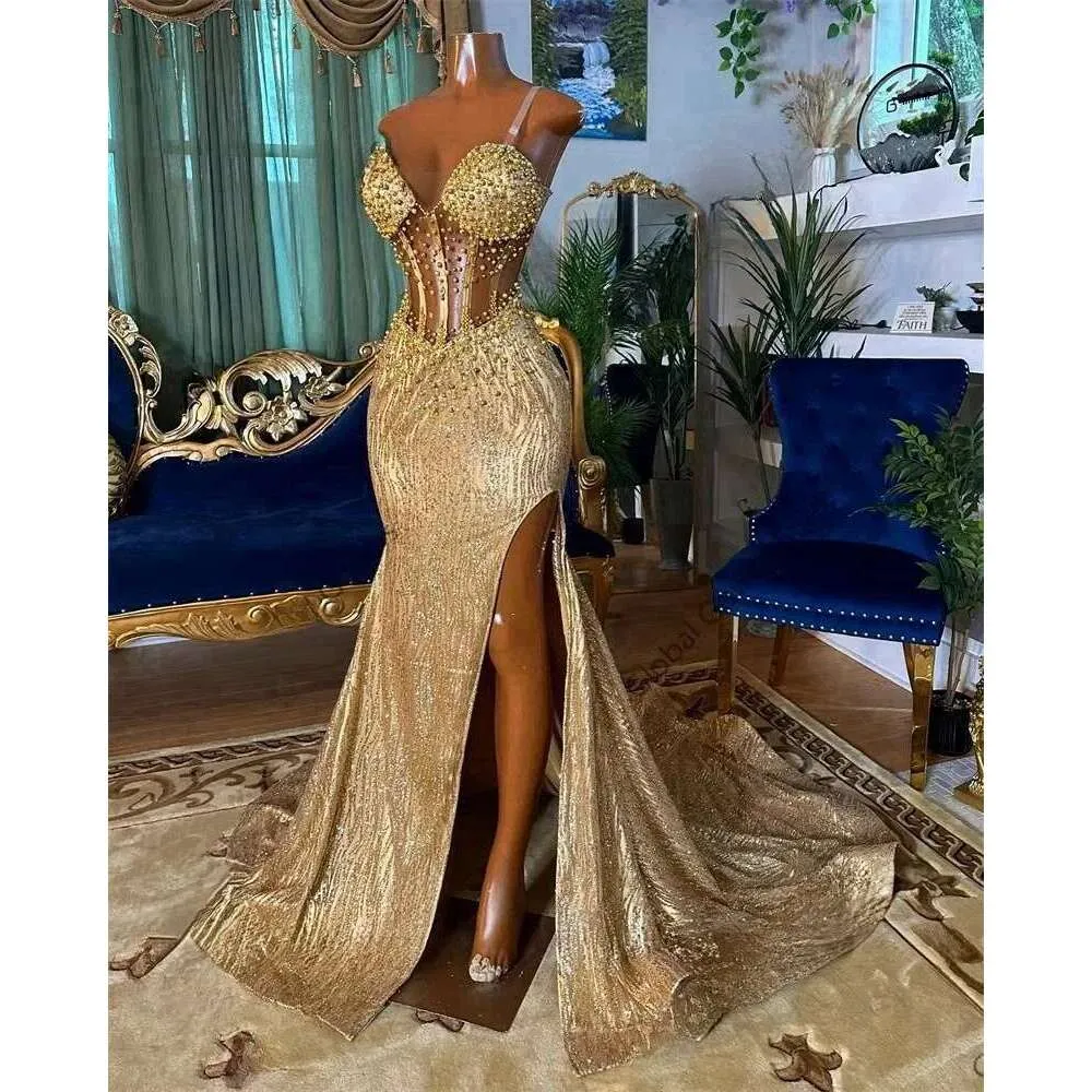 Black Gold Beaded Lace Prom Dress with Side Split and Hollow Back for Maternity, 2019 Spring Summer Black Gold Beaded Lace Prom Dress with Side Split and Hollow Back for Maternity, 2019 Spring Summer