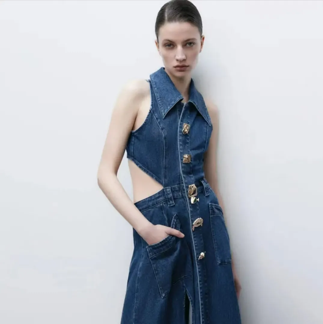 Womens Casual Denim Dress Sleeveless Lapel Collar Cut-Out Sides Slit with  Big Pockets 100% Cotton from Dhgate Plus size Dresses - price 14.58