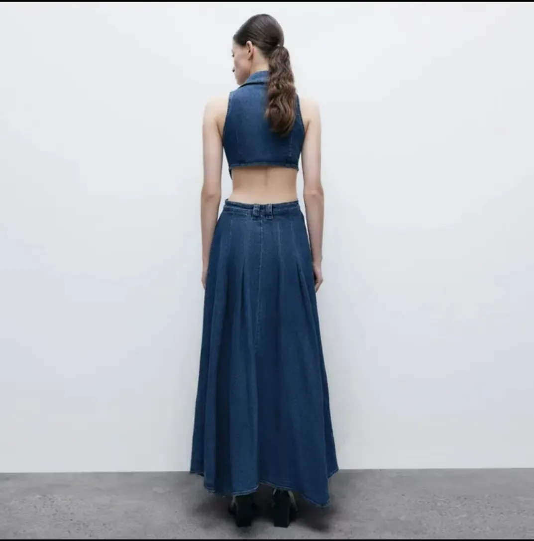 cut-out sleeveless lapel denim dress Pocketed Button Up Sleeveless Denim Dress Light / L