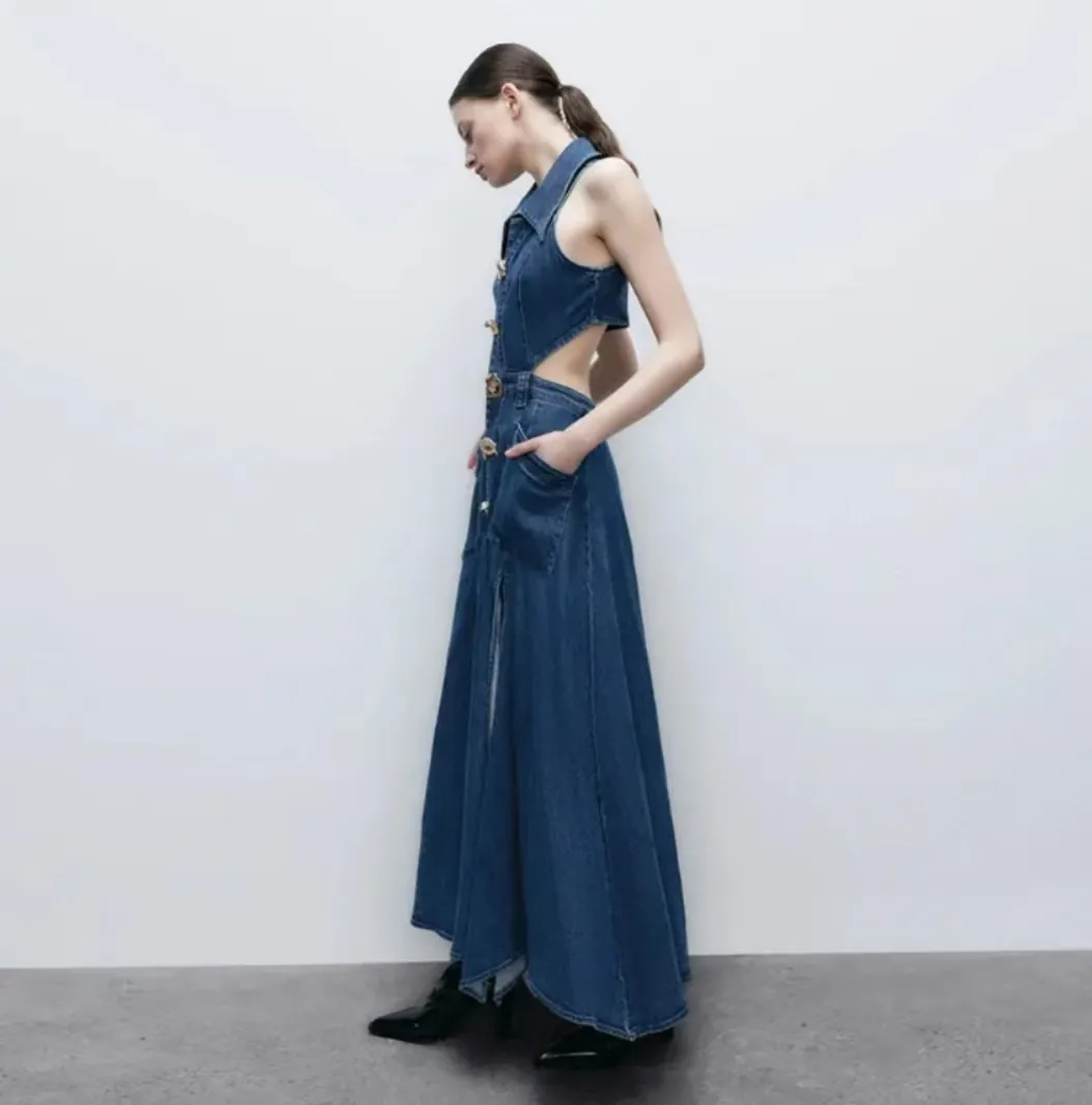 Womens Casual Denim Dress Sleeveless Lapel Collar Cut-Out Sides Slit with  Big Pockets 100% Cotton from Dhgate Plus size Dresses - price 14.58