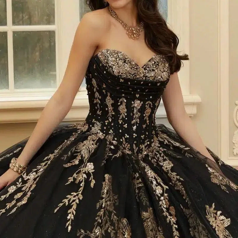 Quinceañera Vestidos Vestidos De 15 Negro Con Dorado Quinceañera