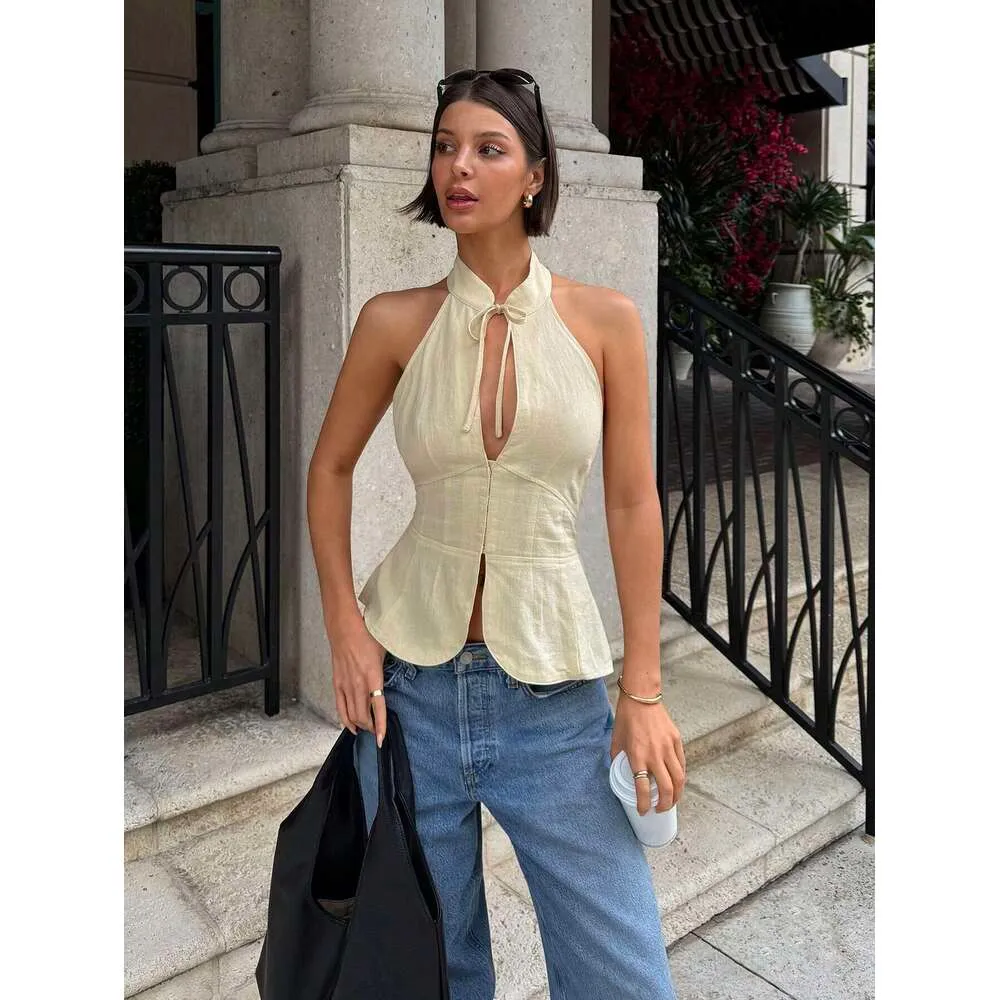 【Anyone more】Halter Sleeveless Shirring Long Sleeve Set Siren Gaze Womens Fitted Collar Sleeveless Top With Tie