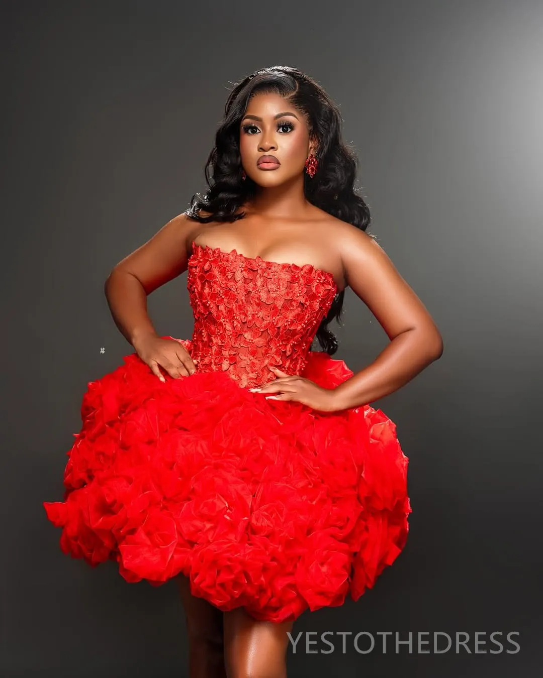Red Strapless Valentines Cocktail Dress for Women - 2021 Aso Ebi Prom & Birthday Dress with Beaded Lace & Illusion Details (C314)
