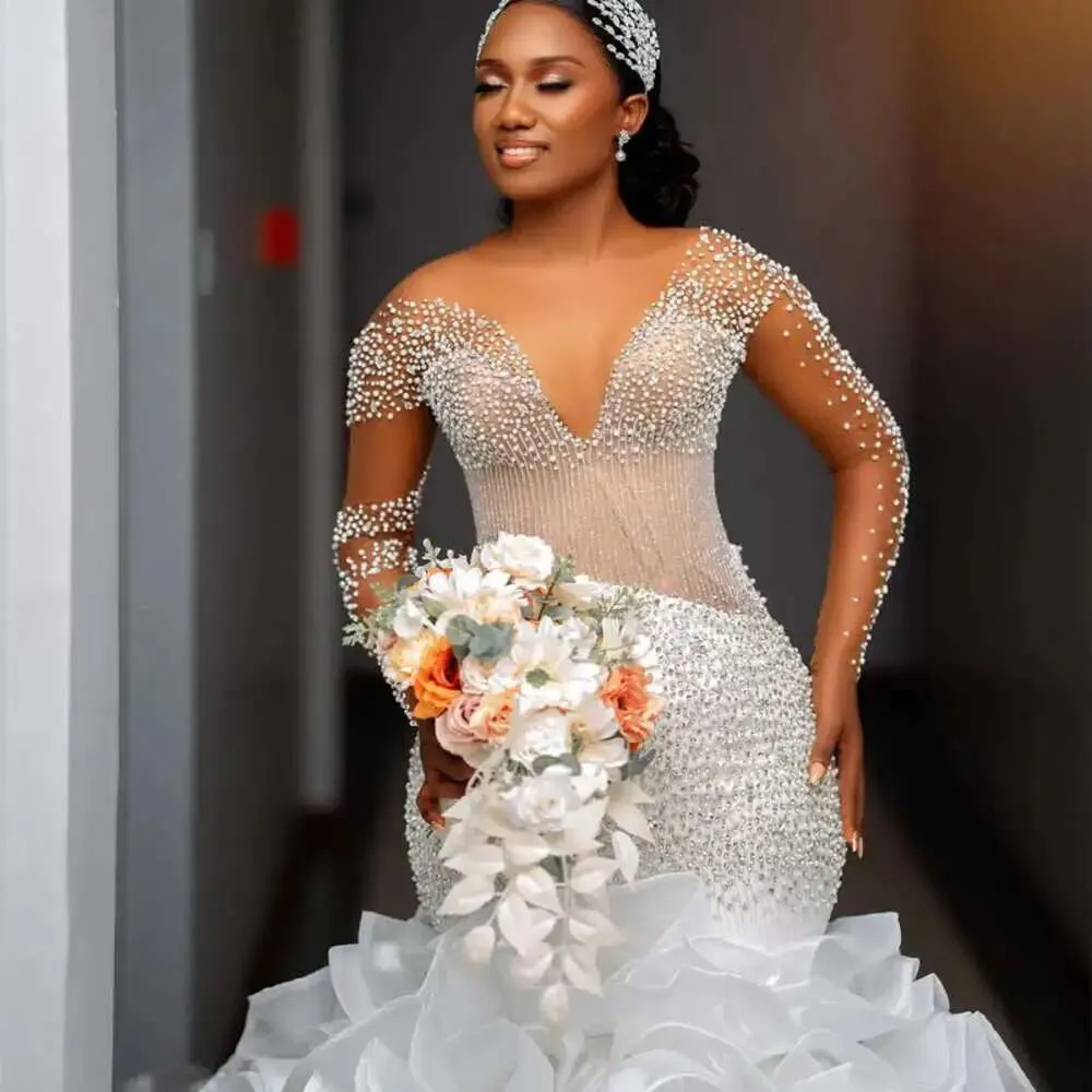 bead pearl work on dresses Elegant Square Neck Wedding Dress - Pearl Beads for Wedding Dress