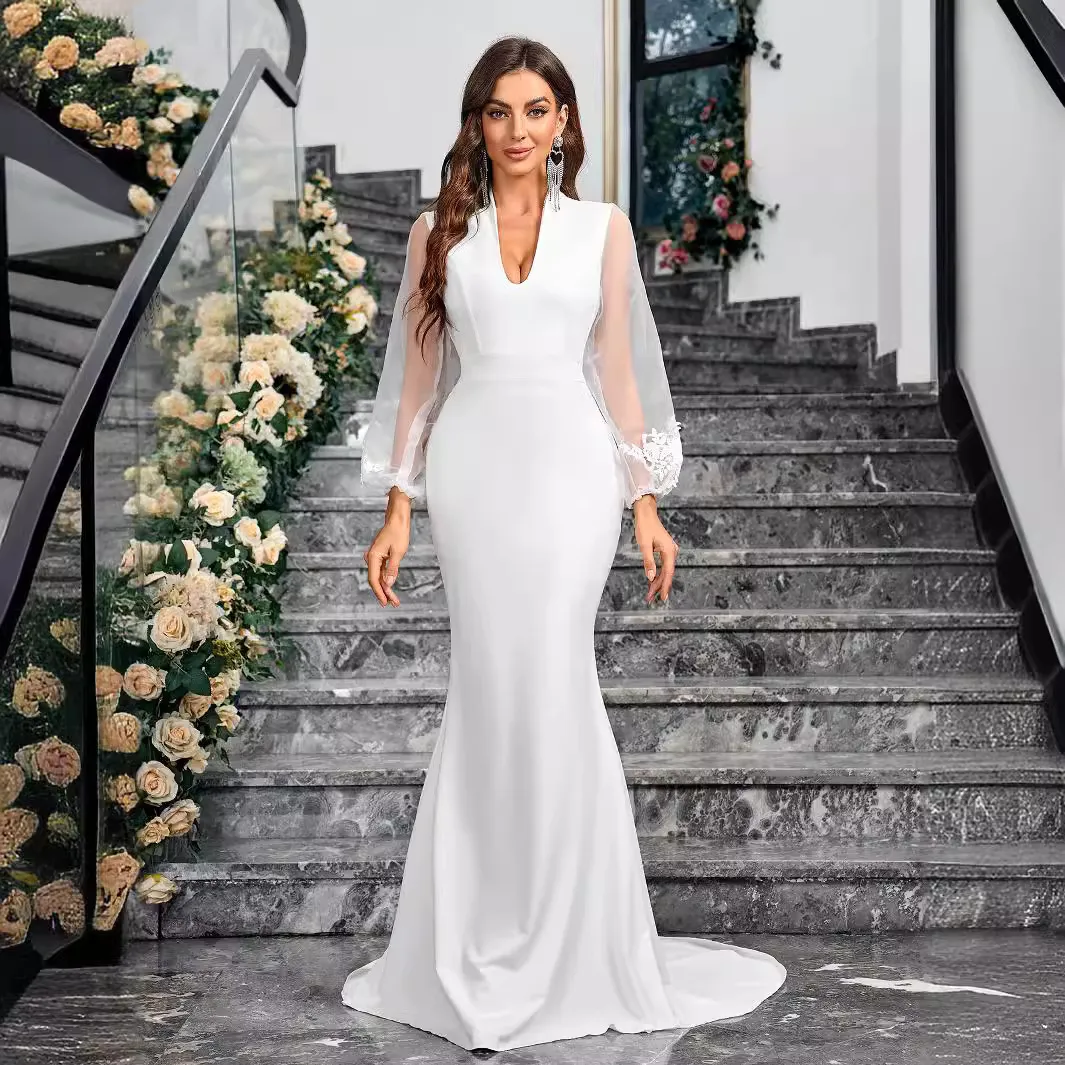 V-neck long sleeve dress with zipper back and sweep train for chapel events  from Dhgate Mermaid Wedding Dresses - price 108.55