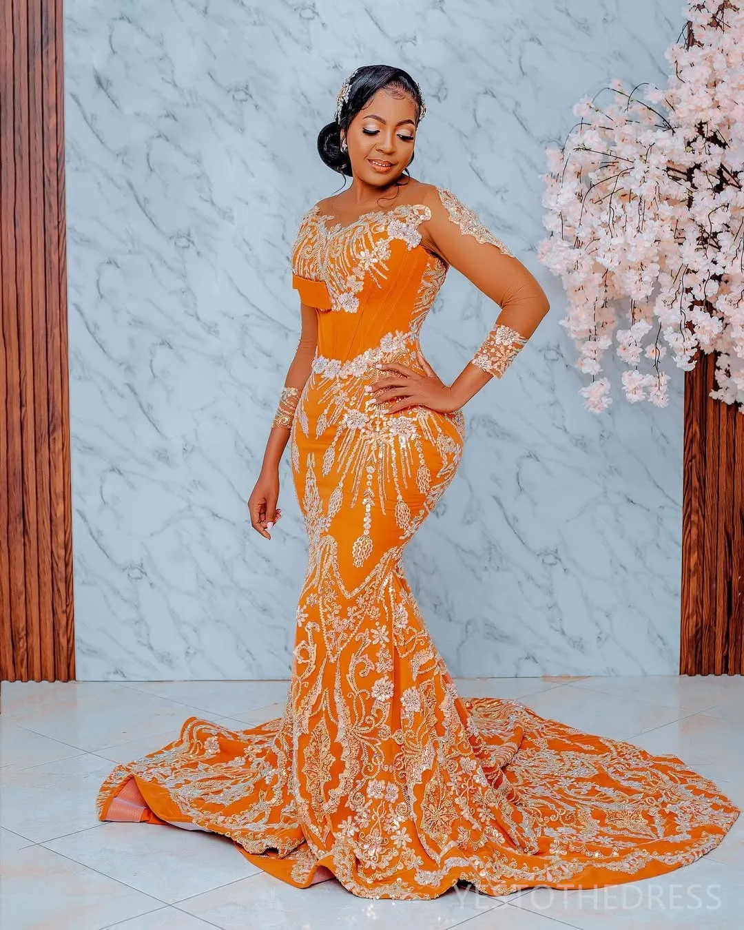 2025 Aso Ebi Orange Prom Dresses Mermaid Evening Dresses For Special Occasions Sheer Neck Long Sleeves Beaded Lace Birthday Dress Second Reception 2025 Aso Ebi Orange Prom Dresses Mermaid Evening Dresses For Special Occasions Sheer Neck Long Sleeves Beaded Lace Birthday Dress Second Reception