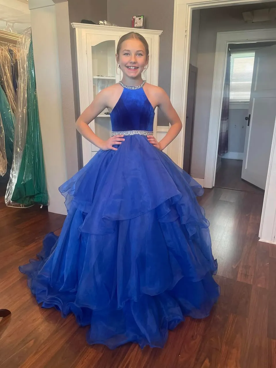 Glitzy Halter Blue Ballgown Wedding Dress for Little Girls - Perfect for Pageants, Parties, and Formal Events, image size:960x1280