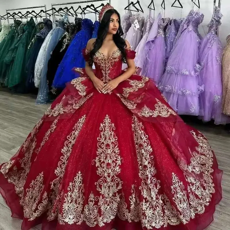 Wine Red Quinceanera Dresses - Off Shoulder Sweetheart Ball Gown with Gold Applique Lace and Crystal Beading - 15 Anos Vestidos Dr0319 Wine Red Quinceanera Dresses - Off Shoulder Sweetheart Ball Gown with Gold Applique Lace and Crystal Beading - 15 Anos Vestidos Dr0319