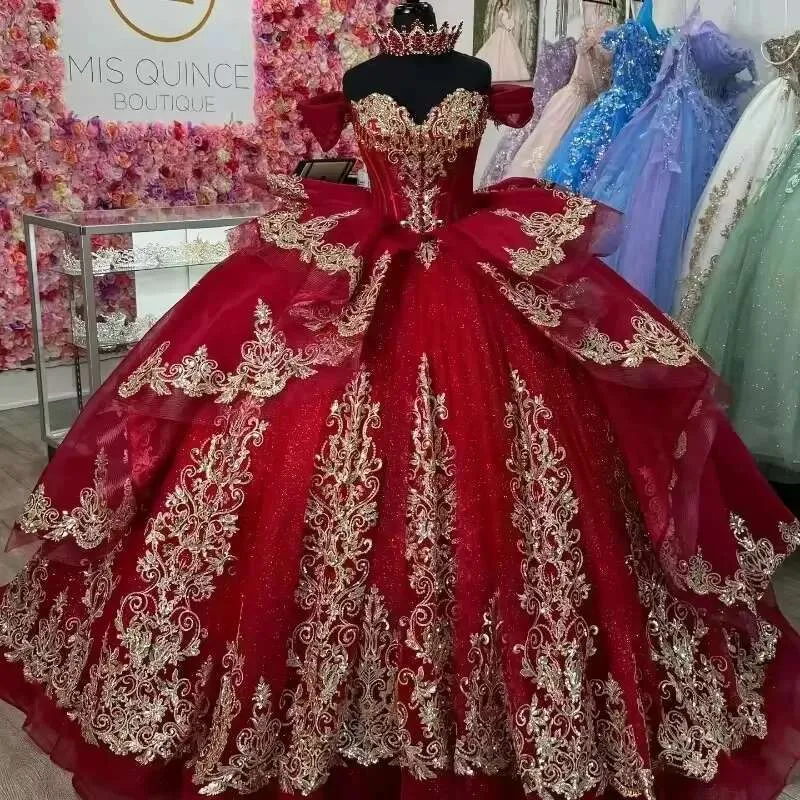 Gold Applique Lace Off-Shoulder Quinceanera Ball Gown wedding dress with Crystal Beading and Sweetheart Neckline - Wine Red Ball Gown (Vestidos de 15 Gold Applique Lace Off-Shoulder Quinceanera Ball Gown wedding dress with Crystal Beading and Sweetheart Neckline - Wine Red Ball Gown (Vestidos de 15