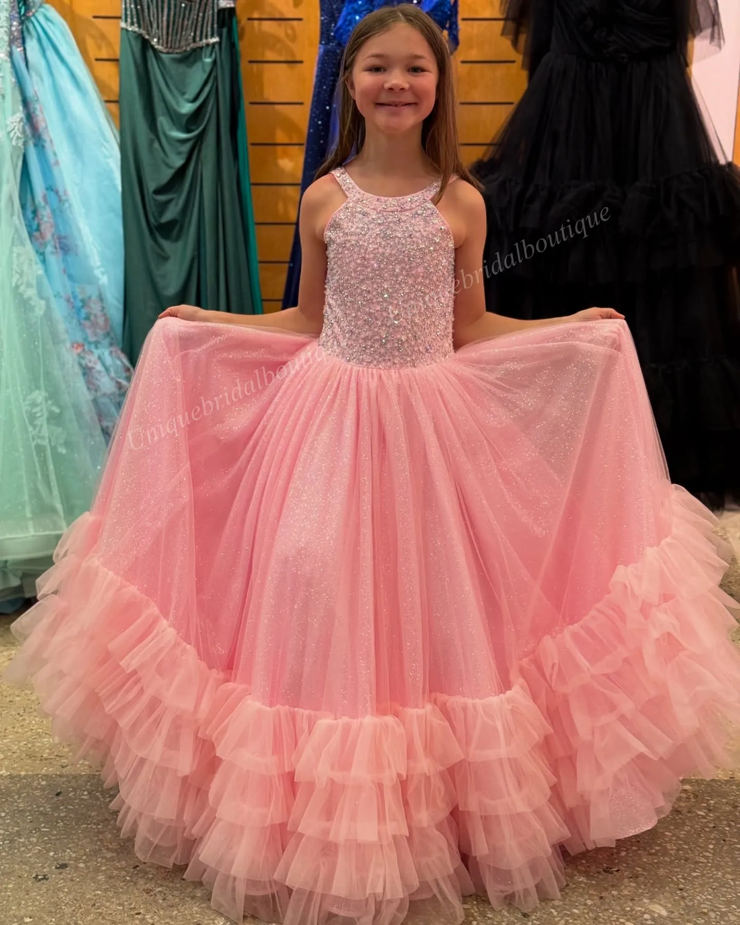 Neon Pink Halter hot Pink pageant dress for Little Girls - Puffy Crystal Ruffled Flower Gown for Weddings, 1st Communion, Holidays, and Cocktail