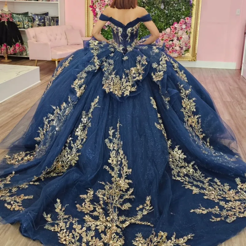 slim fit dress slacks Beaded Sequin Long Tail Navy Blue Tulle Sleeve Prom Ball Gown – Sultan Dress main image 1