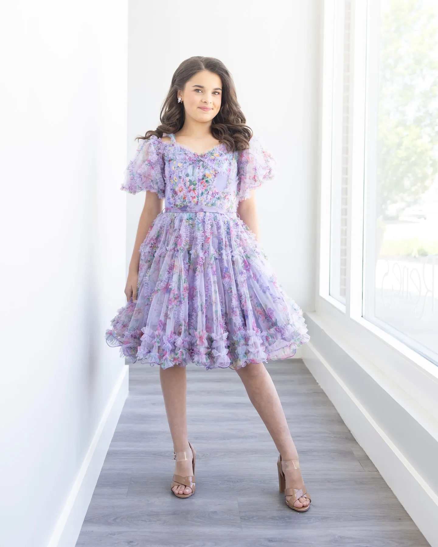 Floral Pageant Dress for Little Girls - Printed with Ruffed Ballon Sleeves, Perfect for Birthday, pink lady cocktail, Formal Parties - Available in