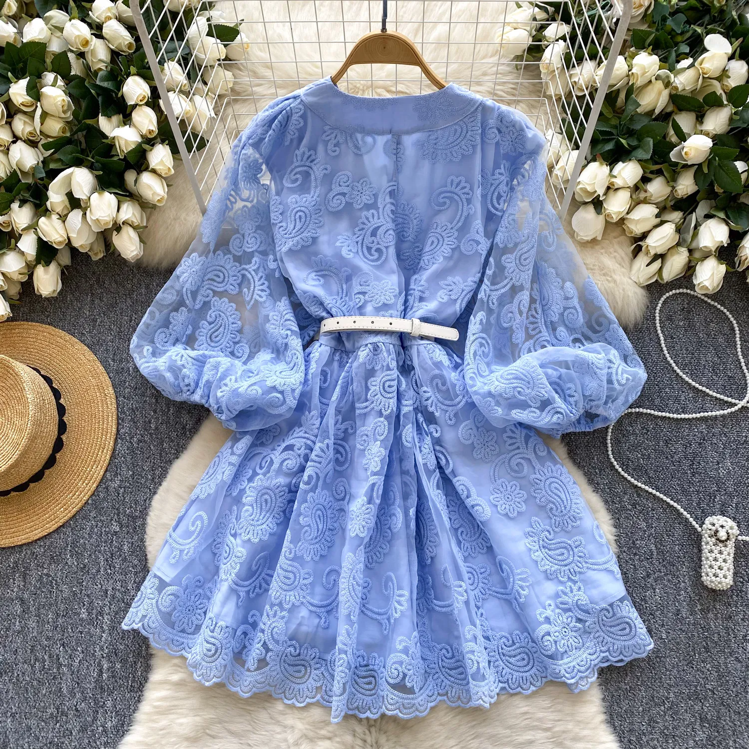 blue dress for baby girl Long Sleeve Lace V-Neck Mini Dress main image 0