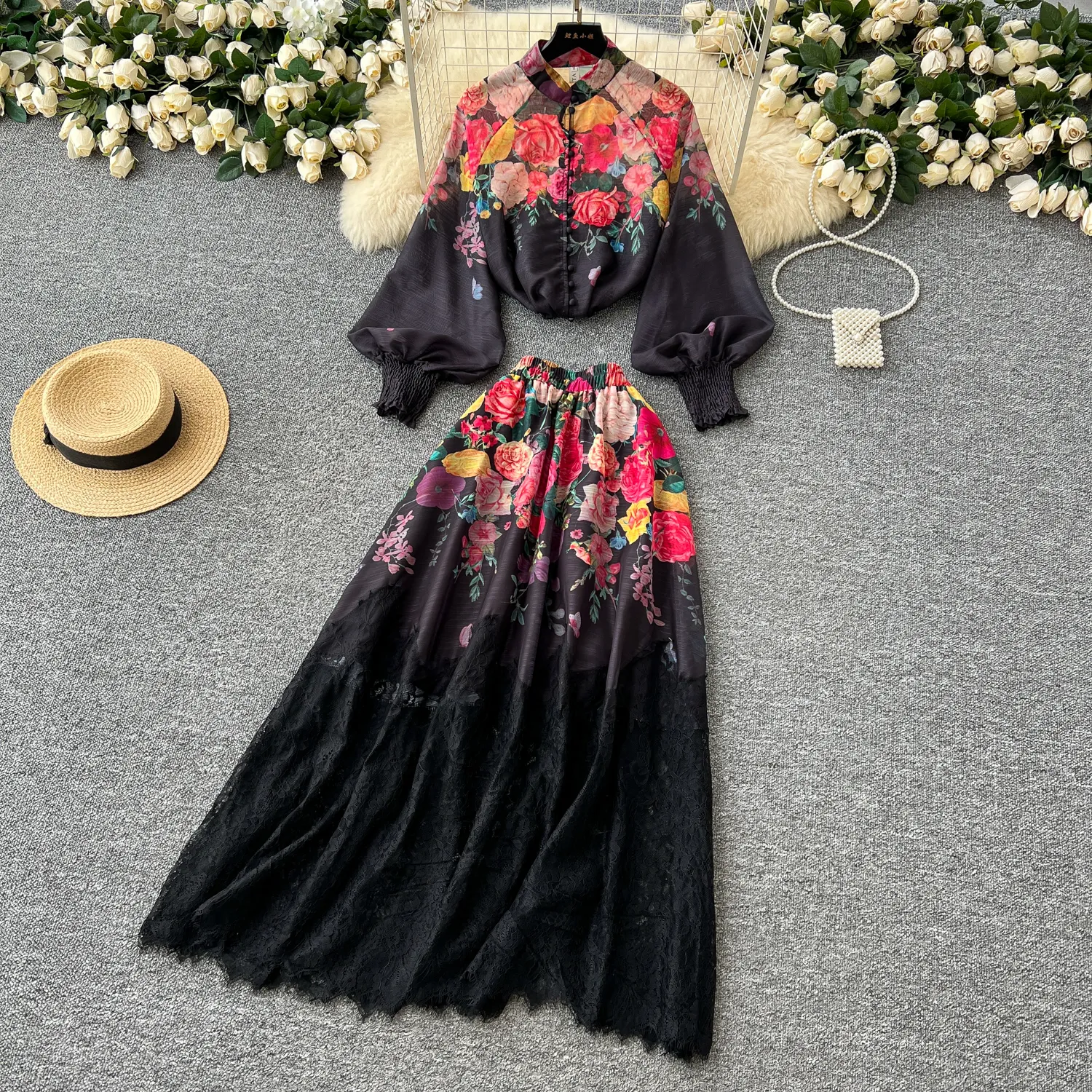 green emerald velvet dress Long Two Piece Prom Dress Crop Top main image 0