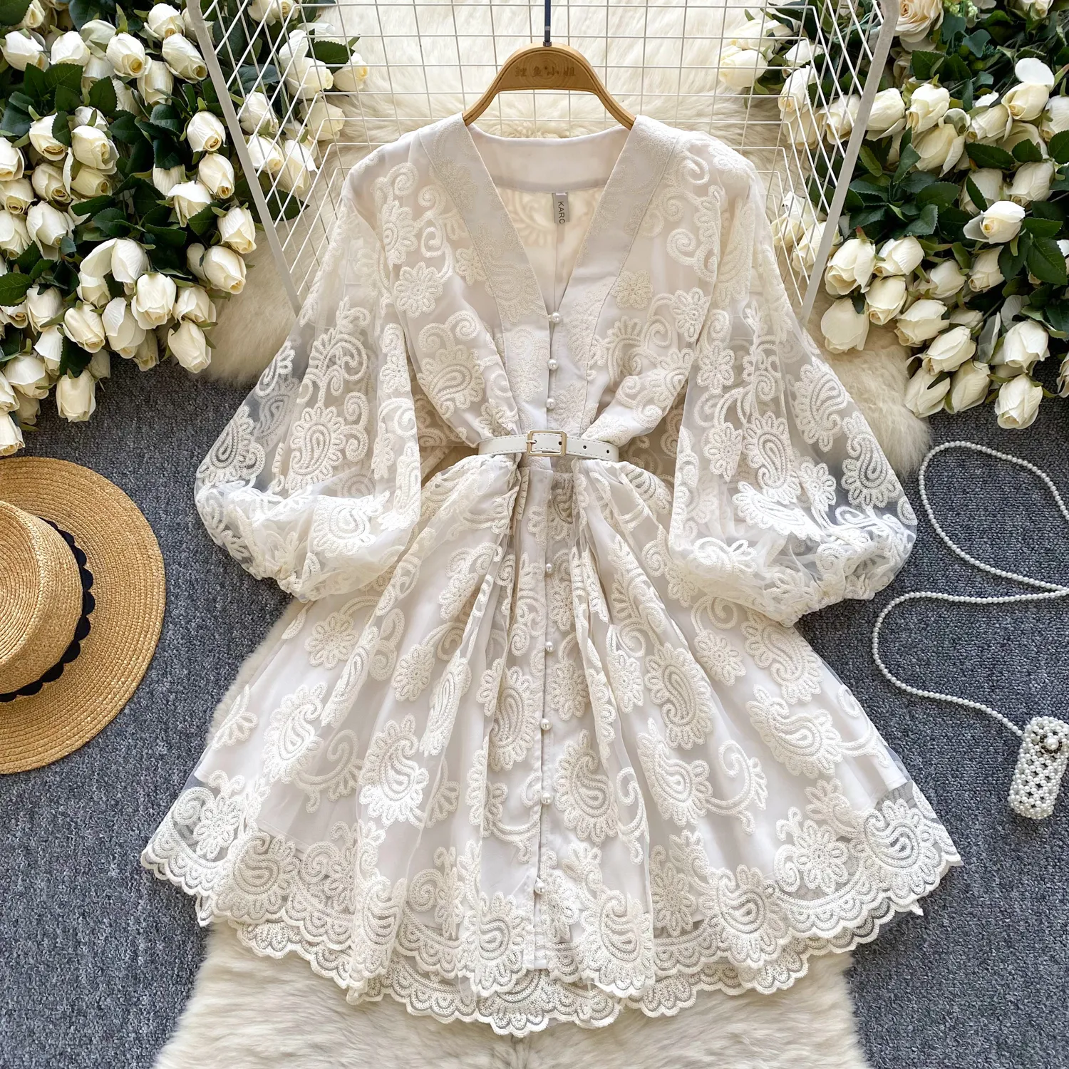 Elegant Floral Print Black Dress with Long Lantern Sleeves and Gold Accents for Women Casual Linen Dresses: Summer V Neck A Line Mini Dress With Lantern Sleeves,  Embroidery, Mesh Patchwork, And Belt Perfect Beach Casual Dresses From  Xiongstore, $35.18 In Bulk | DHgate.Com