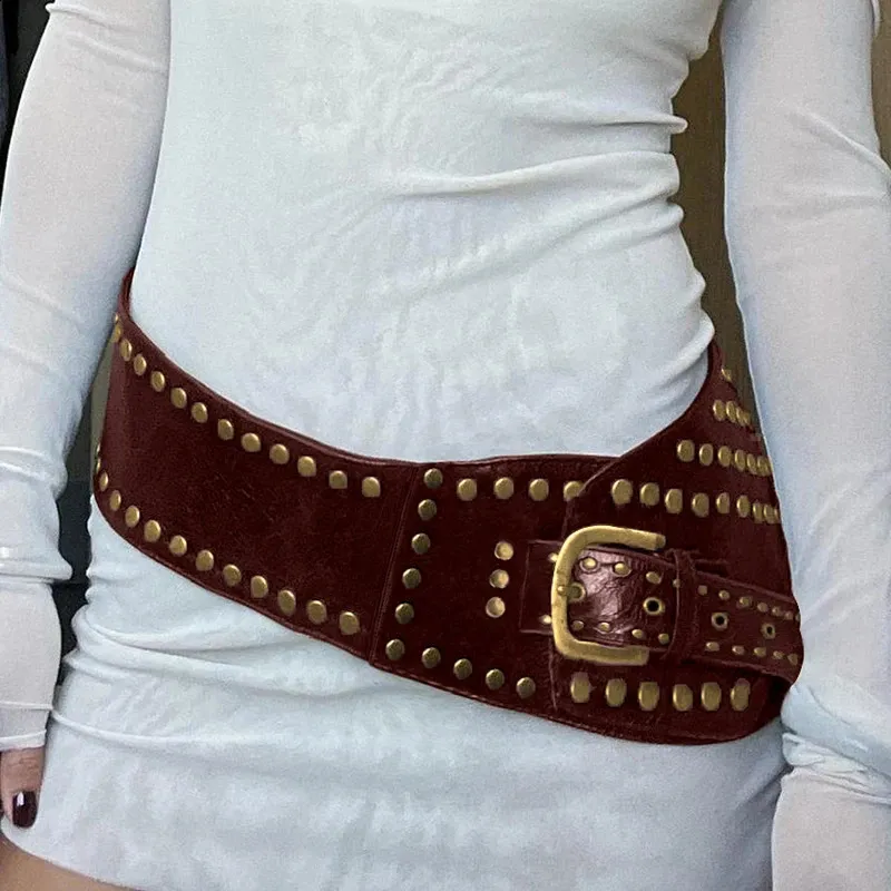 Wide Waist Belt with Rivet-Studded Faux Leather Gold Pin Buckle Dress Accessory JASGOOD Women main image 4