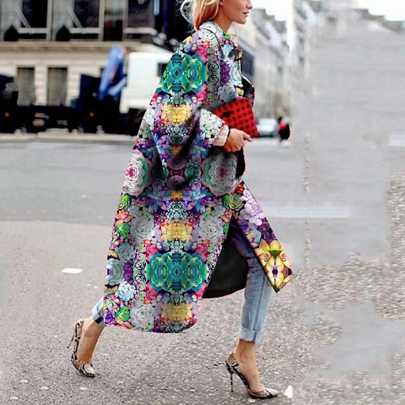 Womens Spring Trench Coat: Oversized Long Boho Chic Printed Trench