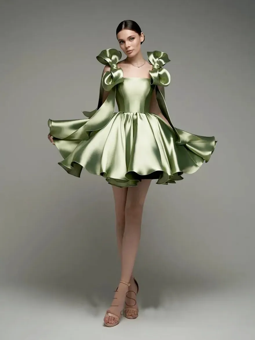 Green Satin A-Line Homecoming Dress with Bow Straps, Off the Shoulder  Neckline, Lace-up Back, and Asymmetrical Hemline Mini Graduation Dress from  Dhgate Graduation Dresses - price 160.52