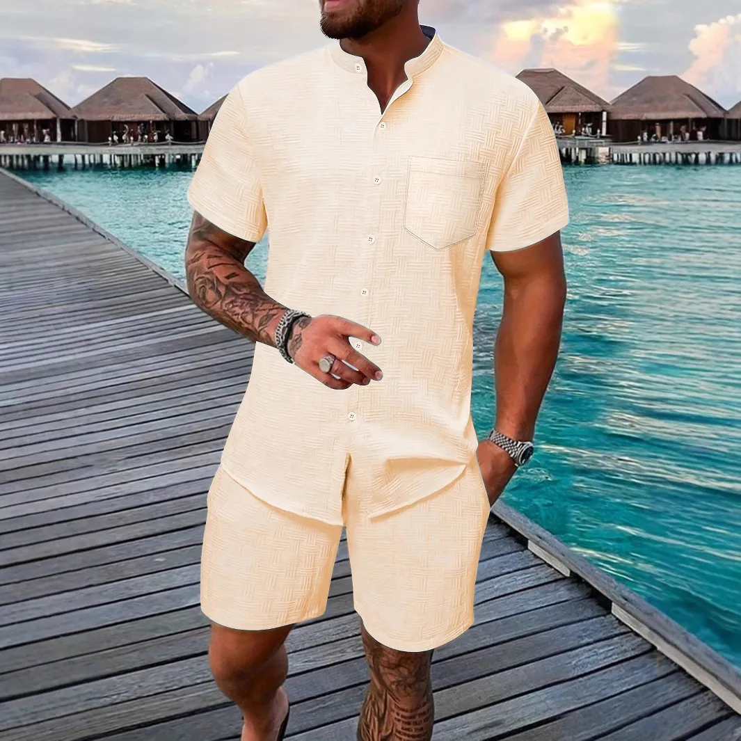 Mens Tracksuit Set: Summer Casual Short Sleeve Shorts Beach Suit