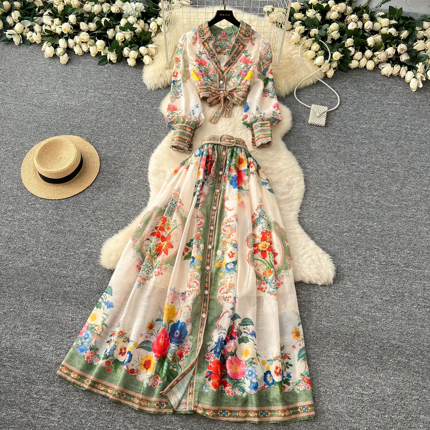 Floral Maxi Floral Maxi dress and Crop Top Set - Elegant A-Line Skirt for Women, Perfect for Summer and Autumn Beach Outfits (250716)
