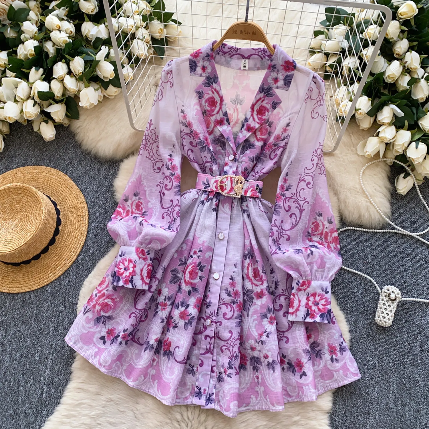Basic Casual Dresses Womens V Neck Linen Dress With Long Lantern Sleeves  And Metal Belt Elegant Flower Print Holiday Dress 2025 From Xiongstore,  $36.19 In Bulk | DHgate.Com