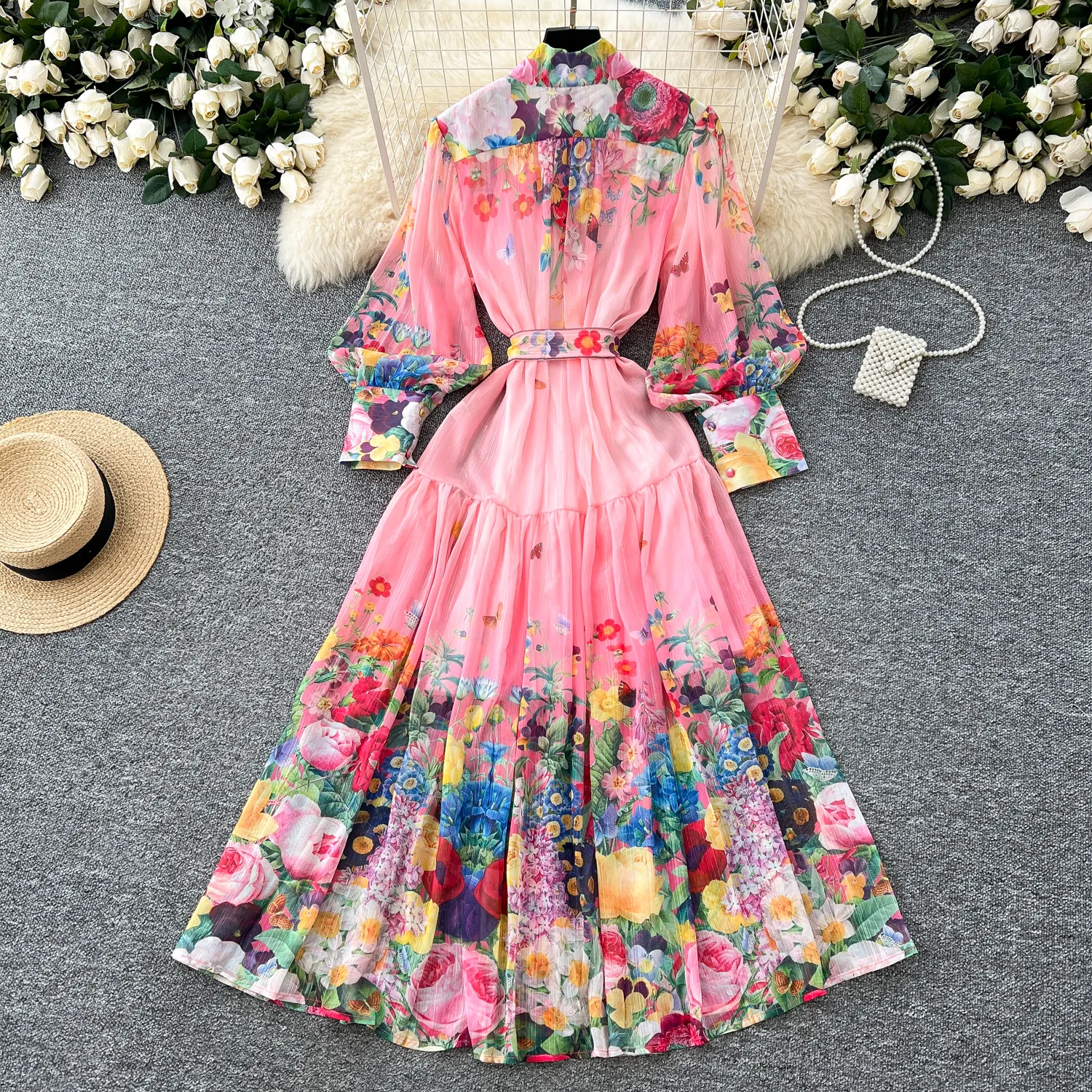 Bohemian Geometry Pattern Print Dress with Slash Neck and Side Slit - Runway Casual Maxi Vestidos Keith Haring Robe for Women (2024)