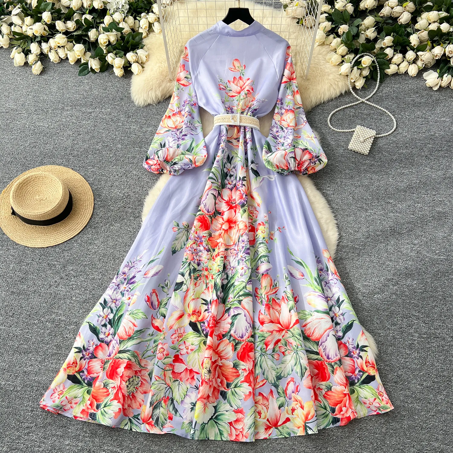 2025 Spring/Summer Floral Print Linen Maxi White Broderie Dress with Lantern Sleeves and Belt for Women - Perfect for Casual Parties and Special