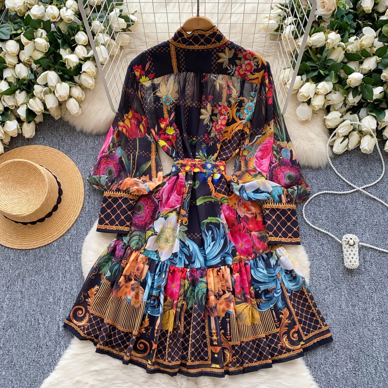 Autumn New Casual Dresses 2025 Spring Summer Vintage Print Loose Dress  Womens Stand Long Lantern Sleeve Single Breasted Belt Lace Up A Line  Vestidos From Xiongstore, $34.18 | DHgate.Com