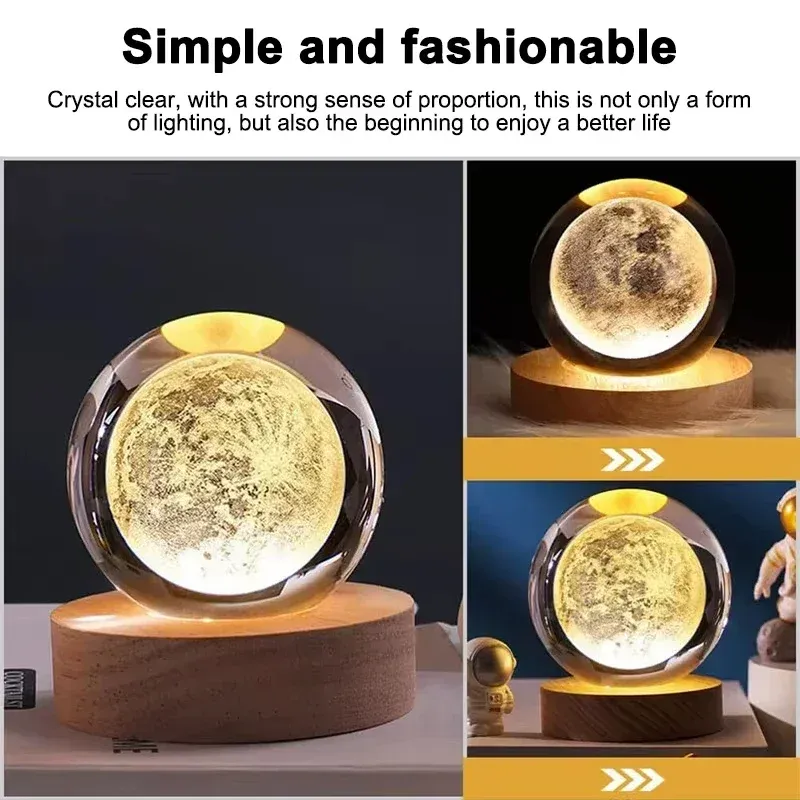 Veilleuse LED Galaxie Boule De Cristal 3D Forme Lune, Lampe USB Pour Déco Chambre