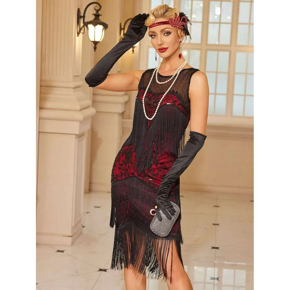 Vintage 1920s Inspired Sleeveless Flapper Green Party Dress with Pringe Decor