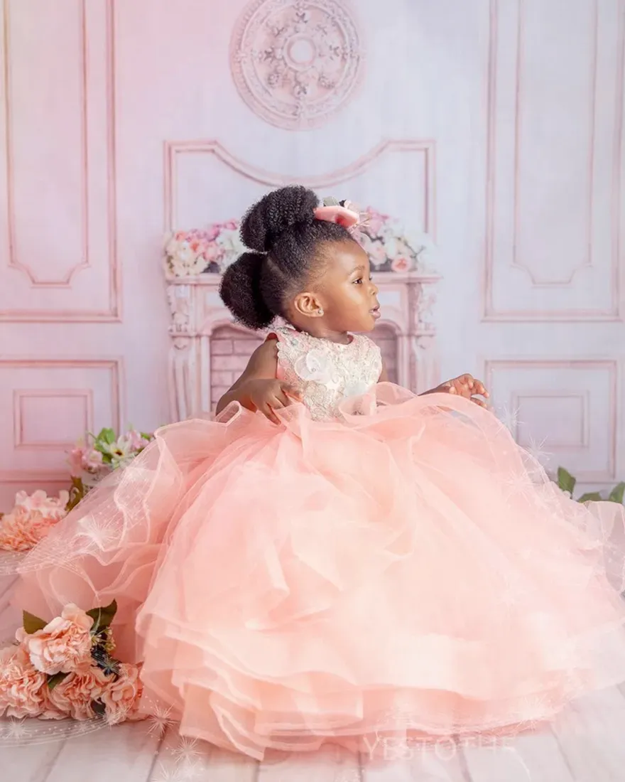 Baby Girl Year Old Nude Pink Flower Girl Dresses Illusion Sheer Neck,  Appliqued Beads Rhinestones, Tiered Lace Tulle Ball Gown For Childrens  Birthday Marriage From Verycute,