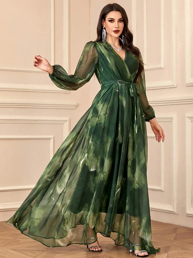 Womens V-Neck Long Sleeve Chiffon Ankle-Length Printed Dress for Spring  Casual and Formal Wear