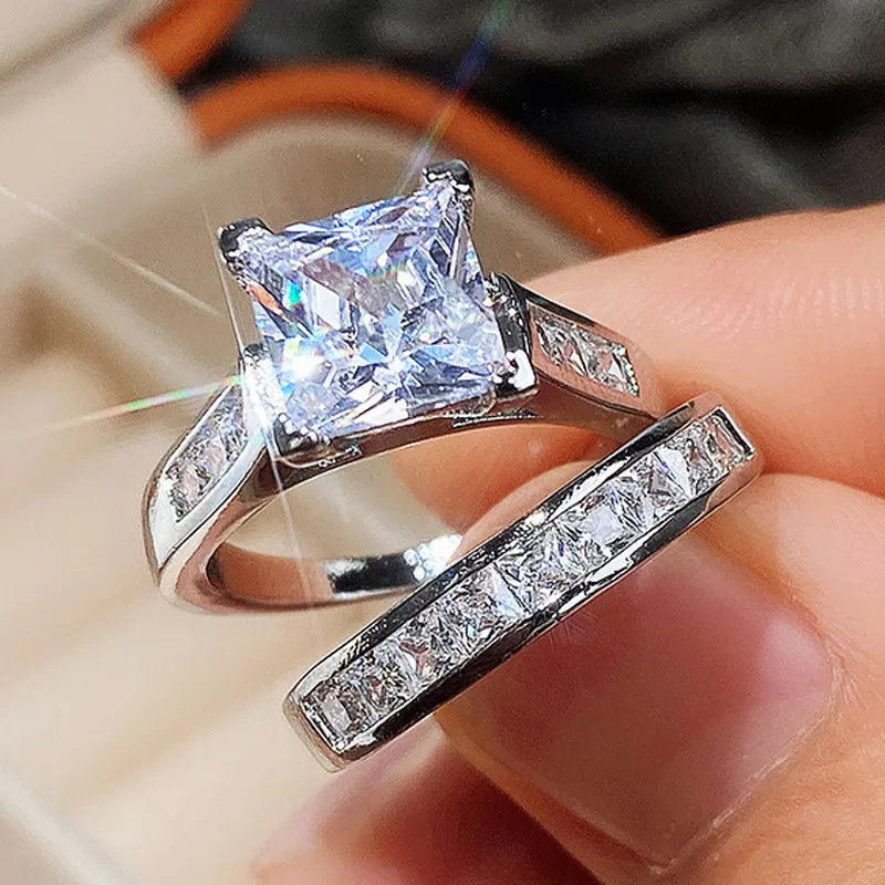 Designer 925 Sterling Silver Crystal Square Solitaire Ring Gold_voghion.com