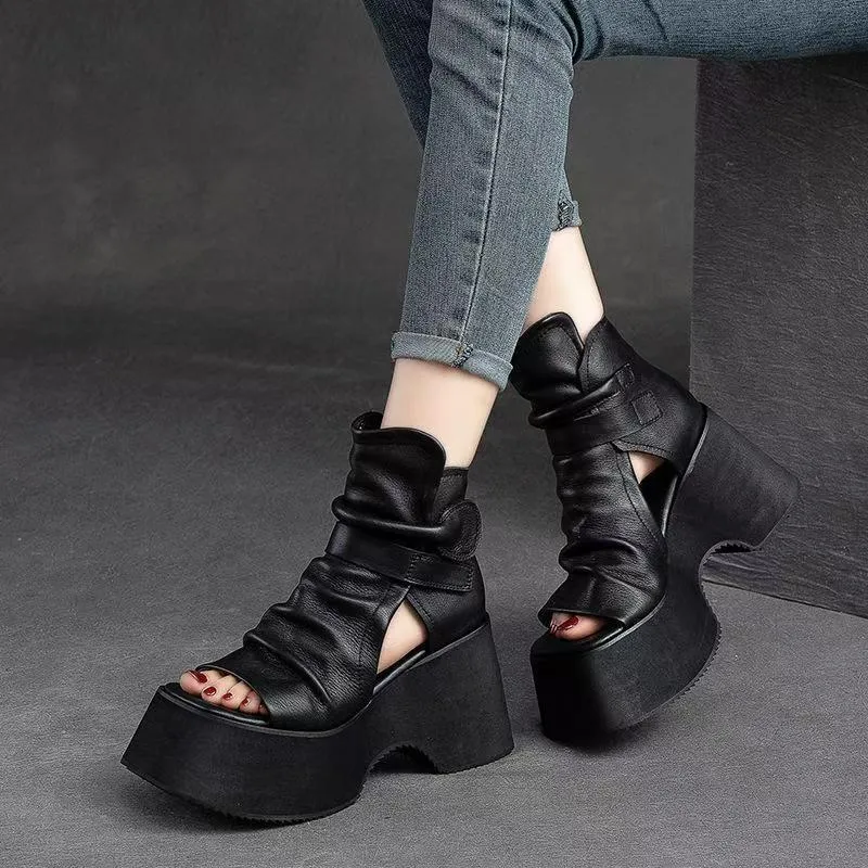 thumbnail image 2 of High Top Sandals For Women Women's Buckle Strap Block Heel Sandals Beads Fish Mouth High... Roman Sandals For Women 2 of 14