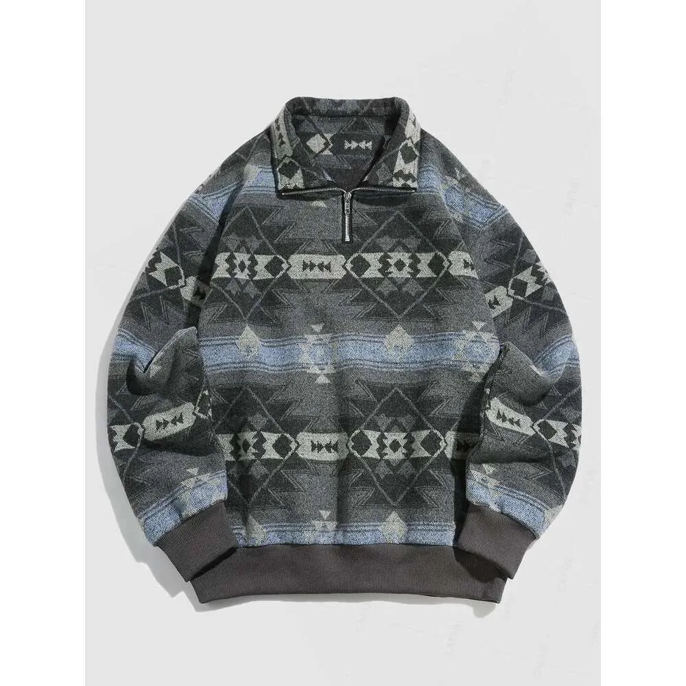 ZAFUL Men S Ethnic Aztec Printed Stand Collar Pullover Fuzzy