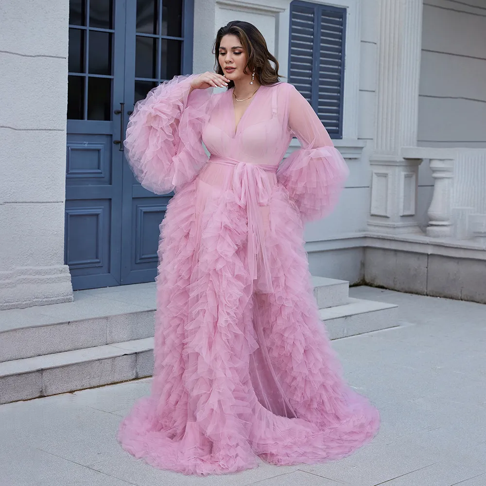 Pregnant Nightgown V Neck Long Sleeve Tulle Maternity Dress with Ruffles  and Sweep Train from Dhgate Evening Dresses - price 87.64